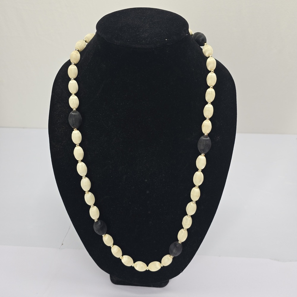 Vintage Cream and Black Silk Thread Wrapped Bead Necklace Gold Tone Spacers 34in
